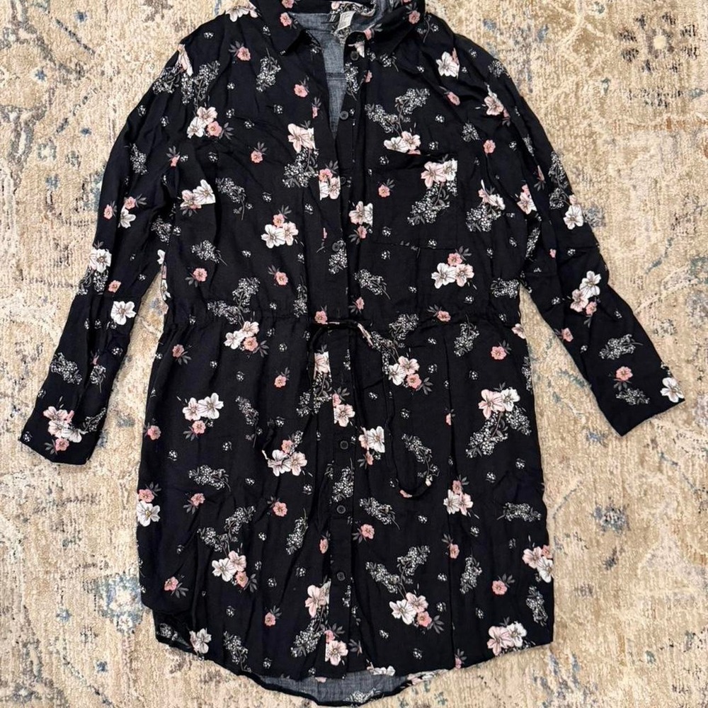 H&M Divided Floral Button Front Shirt Dress Womens 14 Black | Boho Casual Indie